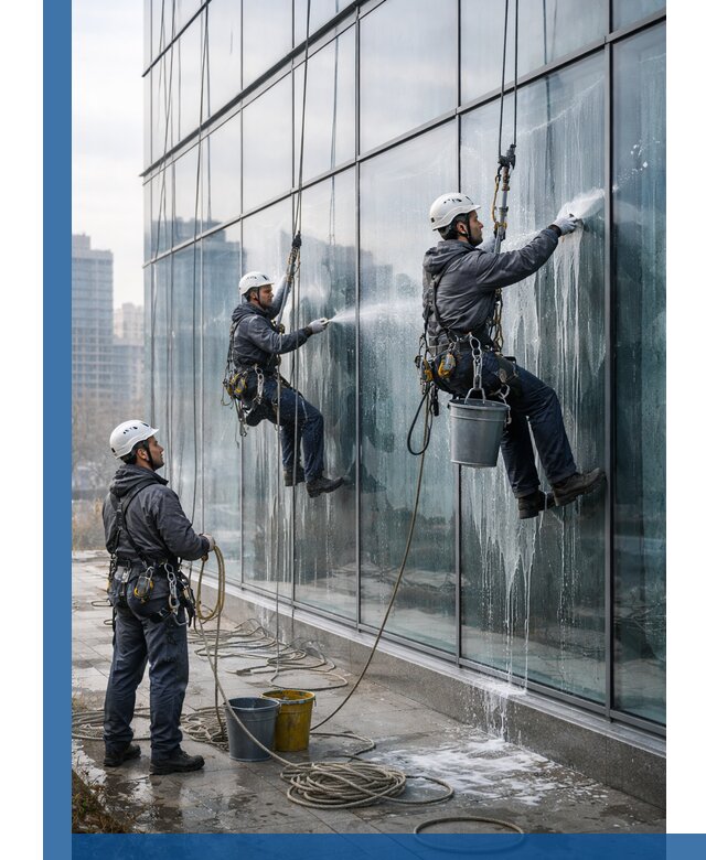 Промышленная мойка панорамных окон на высоте в Курчатове