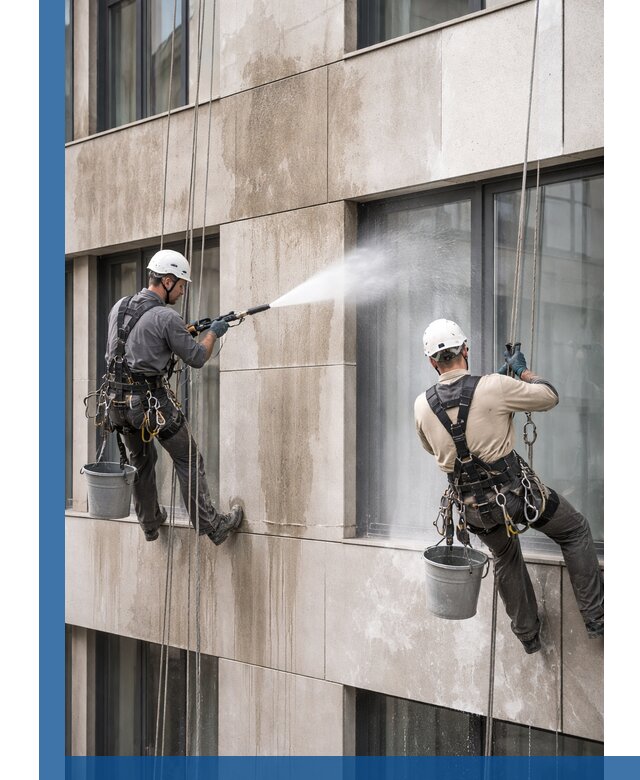 Послестроительная мойка фасада промышленным альпинизмом в Курчатове