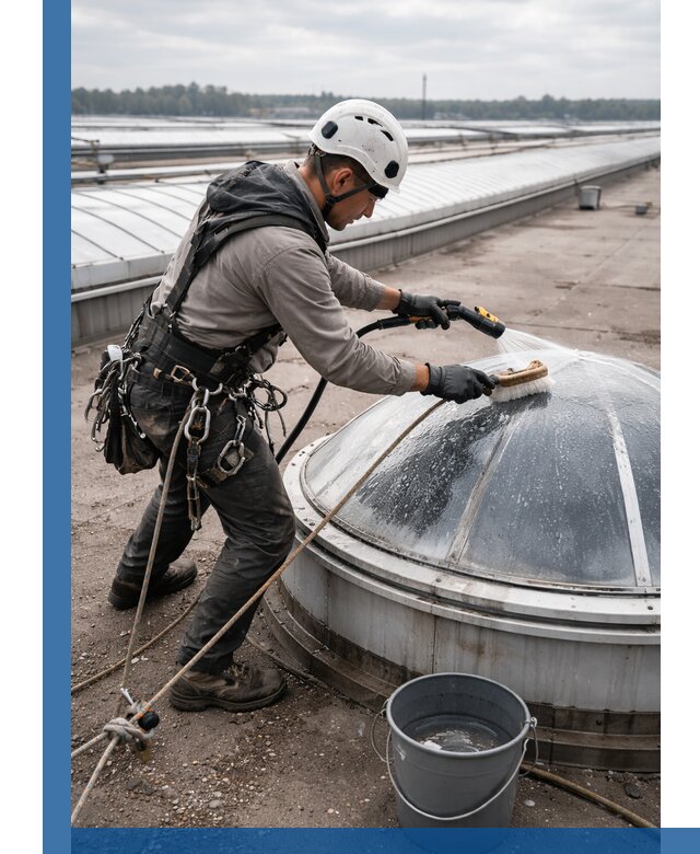 Мойка зенитных фонарей на кровле для промышленных объектов в Курчатове