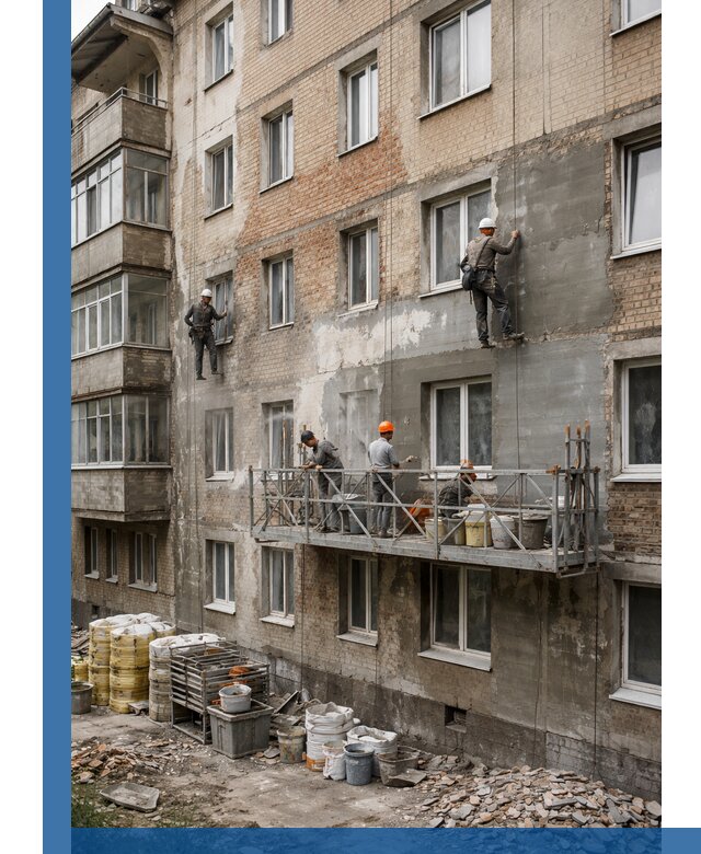 Капитальный ремонт фасада в Курчатове с восстановлением и гидроизоляцией