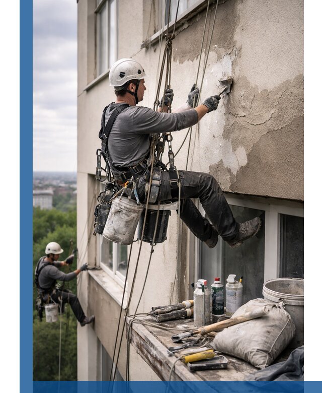 Косметический ремонт фасада зданий в Курчатове промышленными альпинистами
