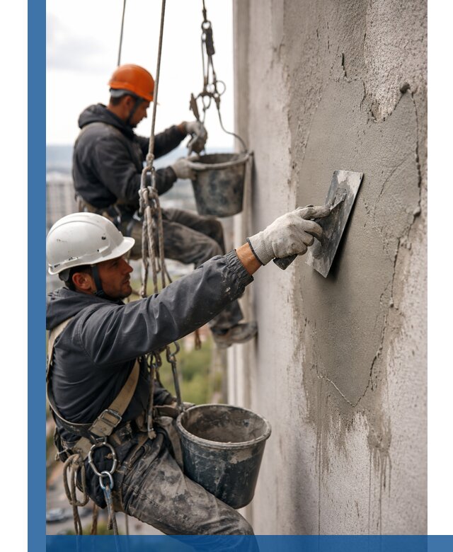 Штукатурка фасада на высоте в Курчатове профессиональные работы