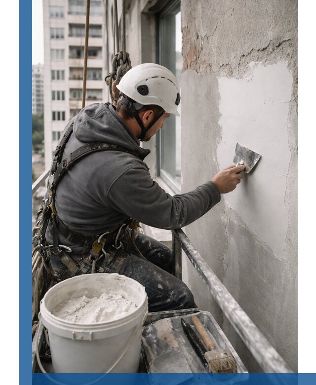 Шпаклевка фасадов на высоте с промальпинистами в Курчатове