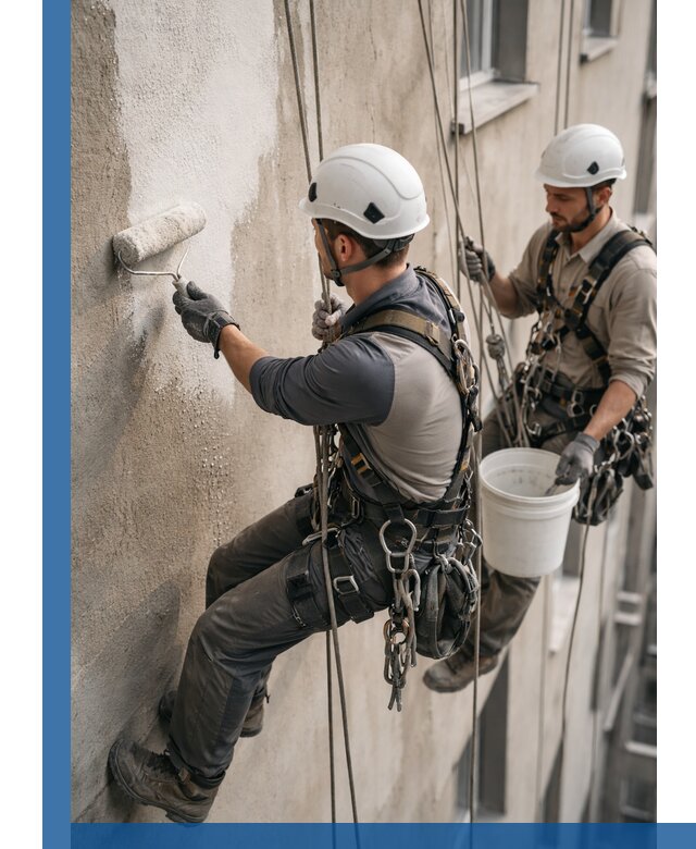 Грунтовка фасада на высоте в Курчатове промышленными альпинистами