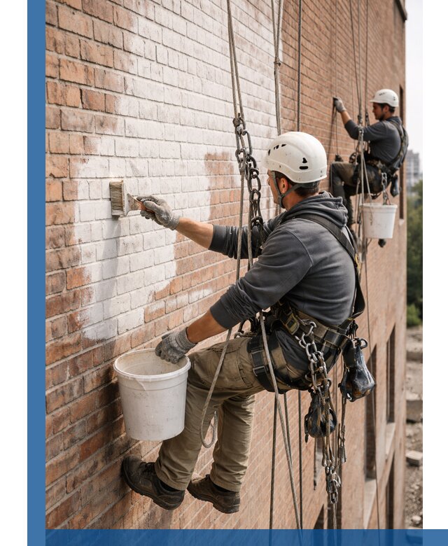 Покраска кирпичного фасада с доступным альпинистским сервисом в Курчатове
