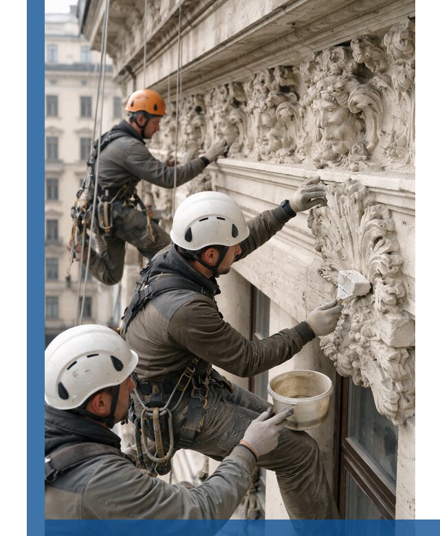 Реставрация фасадной лепнины с высотными работами в Курчатове