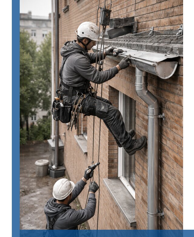 Монтаж водосточной системы на здании в Курчатове под ключ