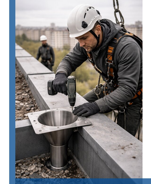 Монтаж водосточных воронок в Курчатове для промышленных зданий