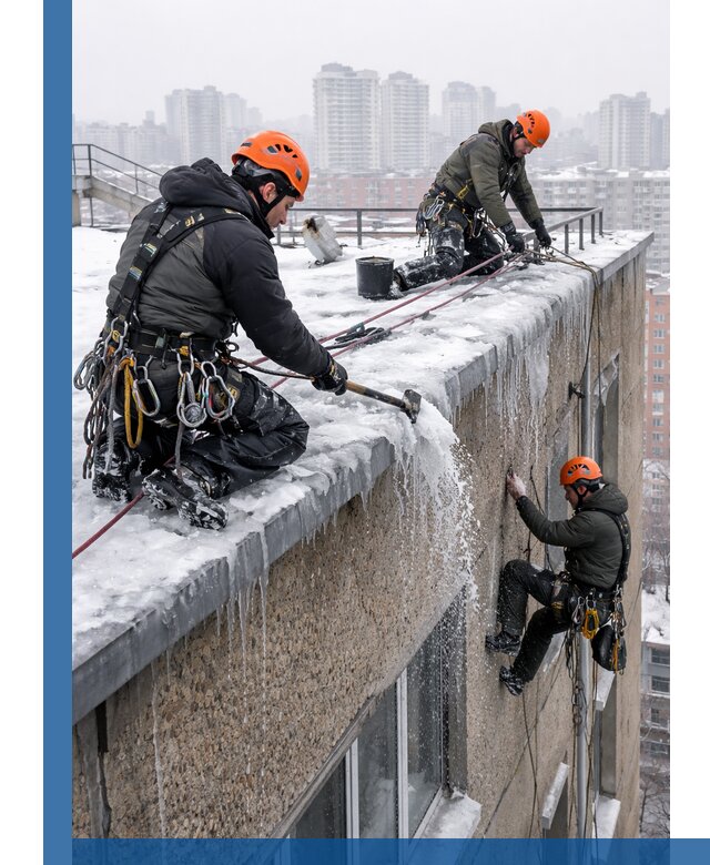 Удаление наледи с кровли в Курчатове промышленными альпинистами