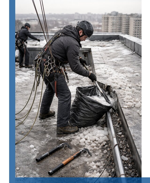 Аварийная очистка кровли в Курчатове от промальпинистов