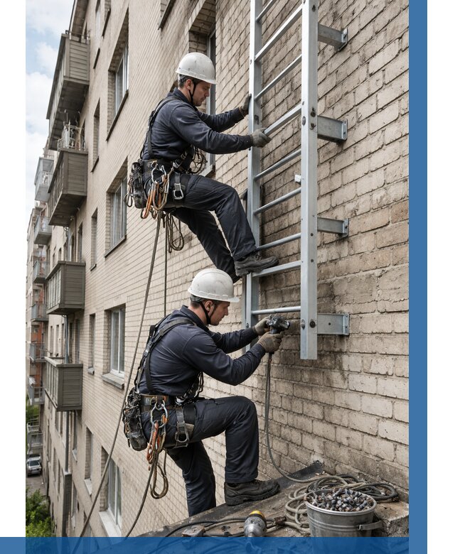 Монтаж пожарной лестницы в Курчатове от 25470 р заказать у ВЫСОТНИК-Крч