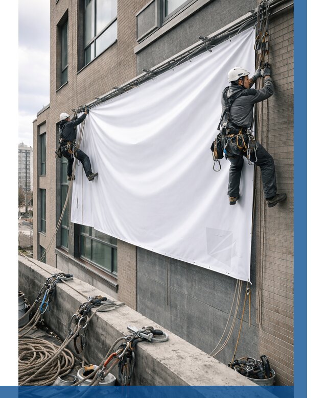 Монтаж баннеров на фасаде в Курчатове от 662 р. заказать ВЫСОТНИК-Крч