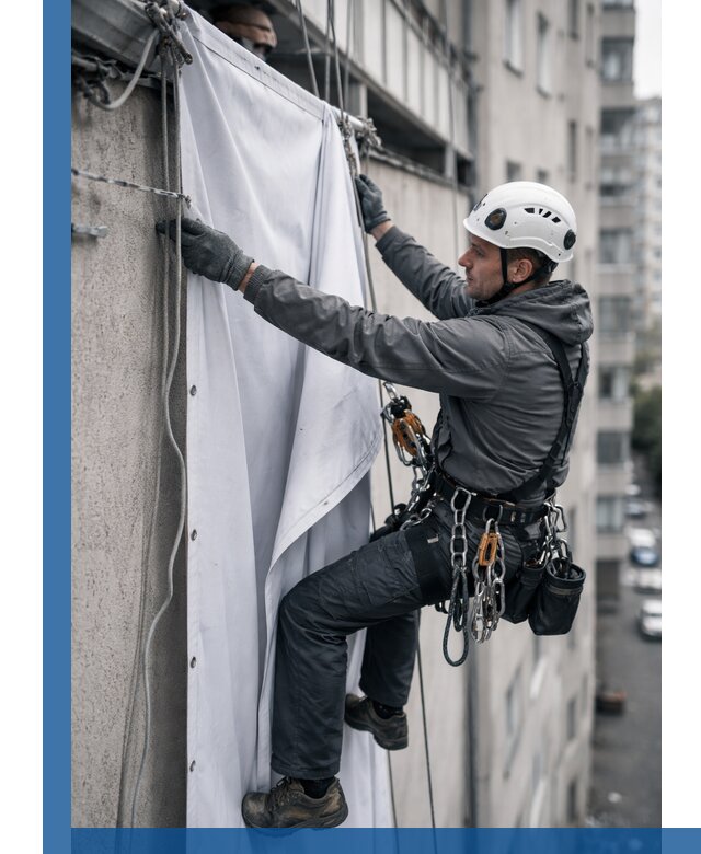 Замена баннерного полотна промышленными альпинистами в Курчатове