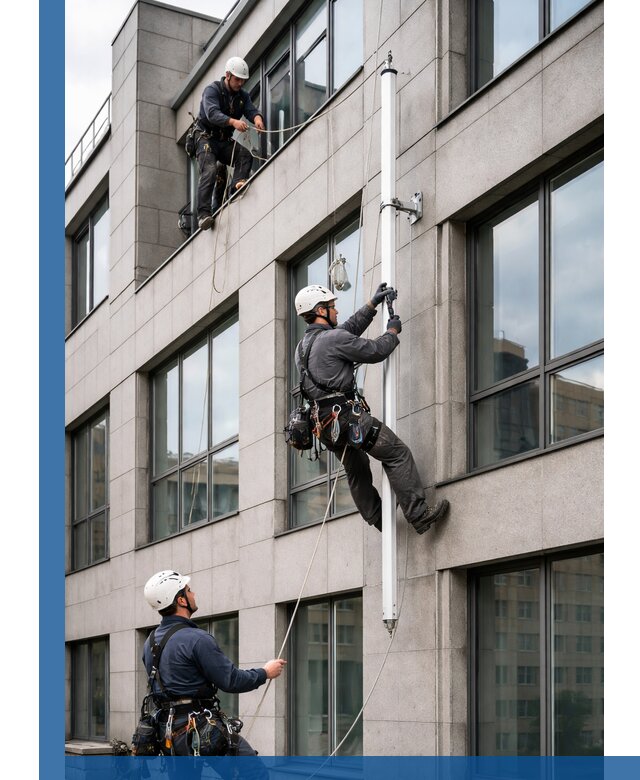 Монтаж флагштока на фасаде здания с креплением и герметикой в Курчатове