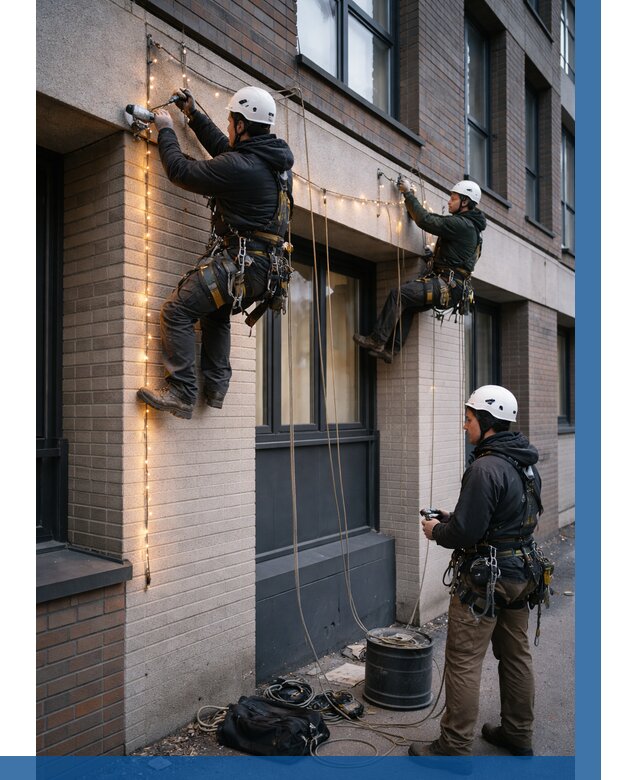 Монтаж гирлянд на фасаде в Курчатове от 3566 р. | ВЫСОТНИК-Крч