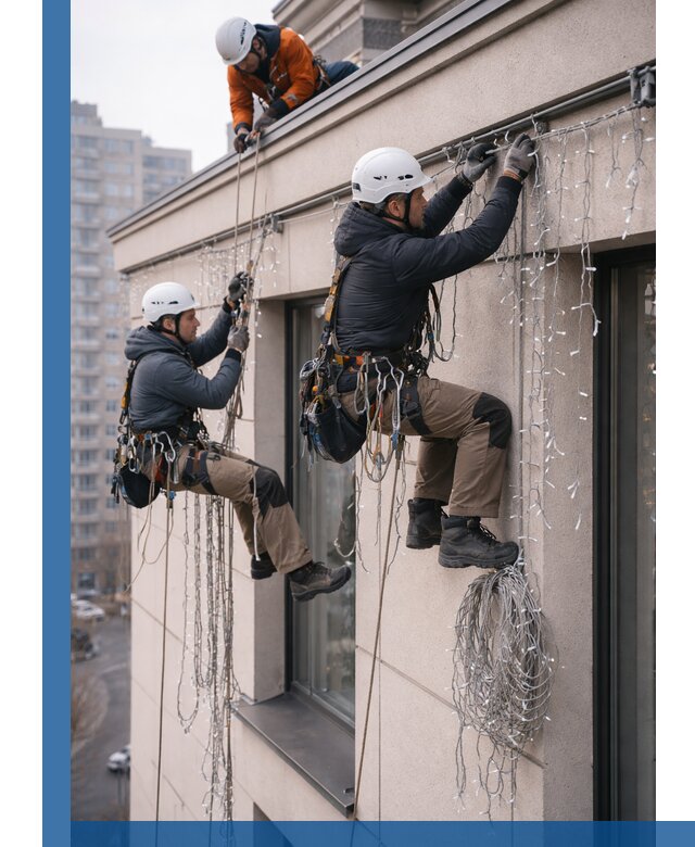 Монтаж праздничных гирлянд на фасаде в Курчатове для зданий