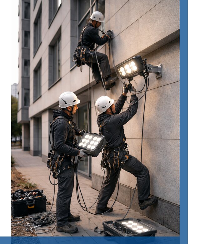 Монтаж прожекторов на фасаде в Курчатове от 7641 р. | ВЫСОТНИК-Крч