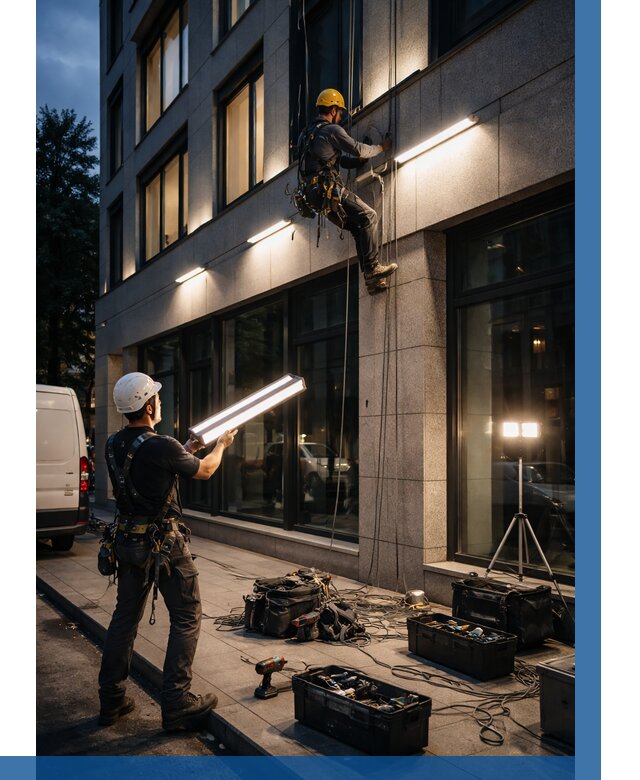 Монтаж архитектурной подсветки здания в Курчатове от 2547 р.|ВЫСОТНИК-Крч