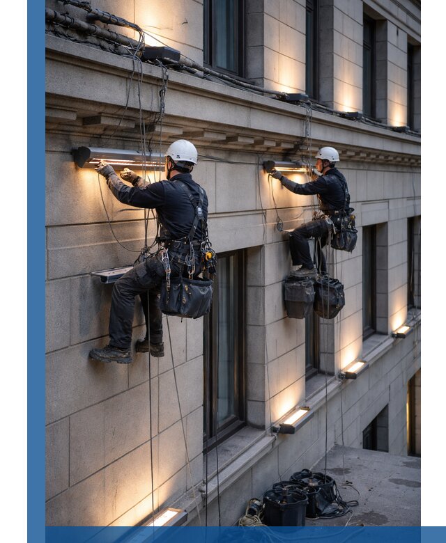 Монтаж архитектурной подсветки фасадов зданий в Курчатове