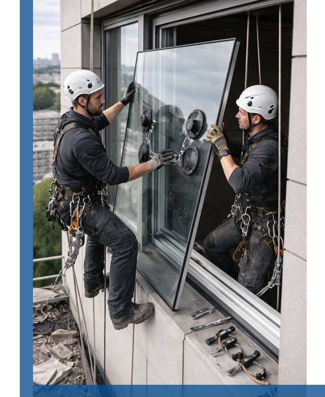 Замена стеклопакетов на высоте с промышленными альпинистами в Курчатове