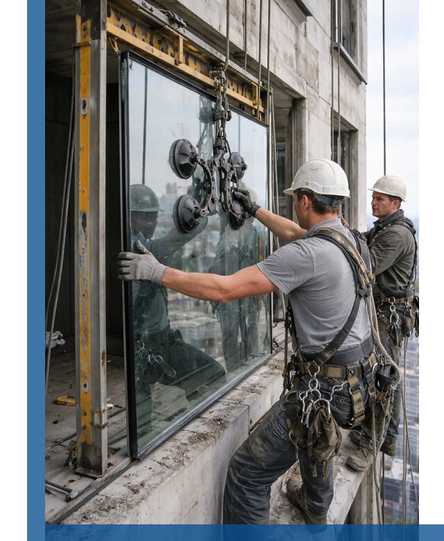 Монтаж стеклопакетов на высоте в Курчатове с промышленным альпинизмом