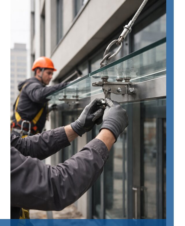 Монтаж стеклянных козырьков в Курчатове от 8660 р. | ВЫСОТНИК-Крч