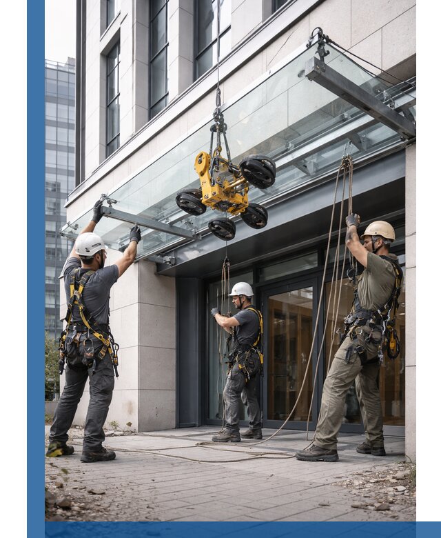 Монтаж стеклянных козырьков под ключ в Курчатове для зданий