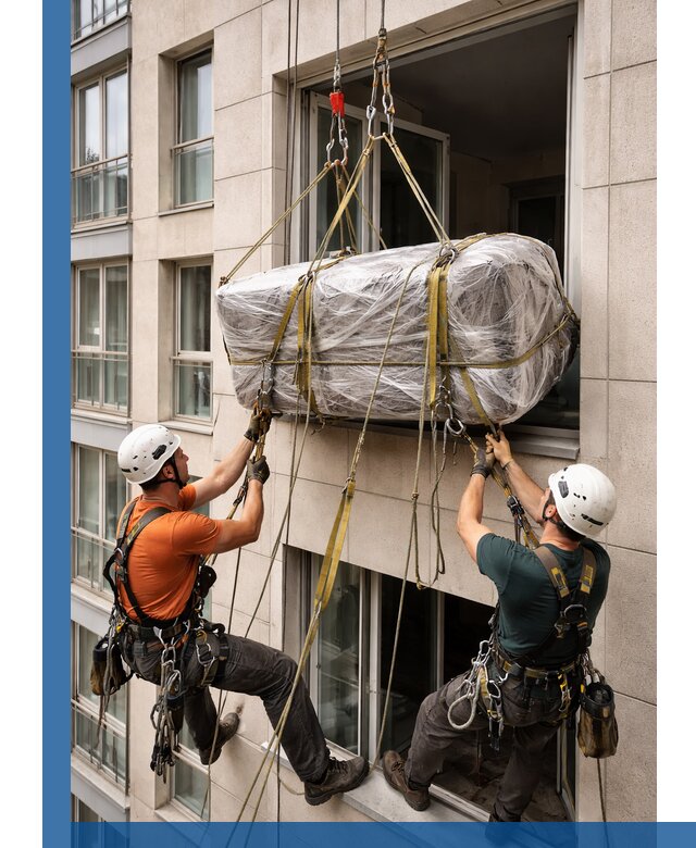 Подъем грузов через окно в Курчатове промышленными альпинистами