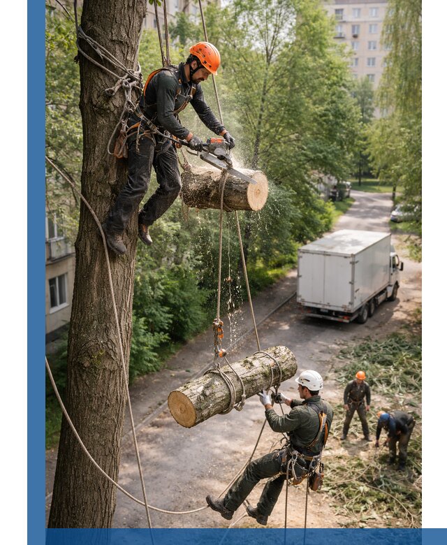 Спил деревьев альпинистами в Курчатове, безопасно и без повреждений