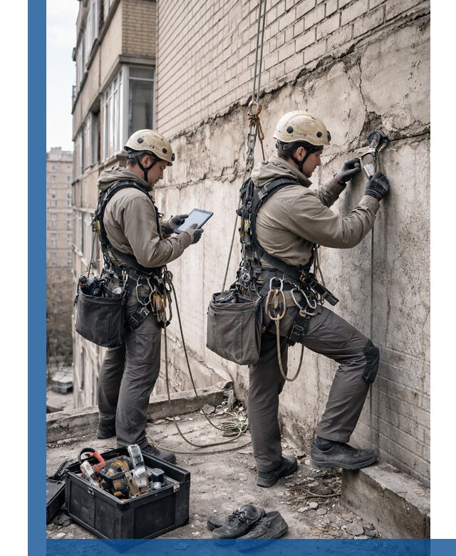 Обследование фасада промышленными альпинистами в Курчатове